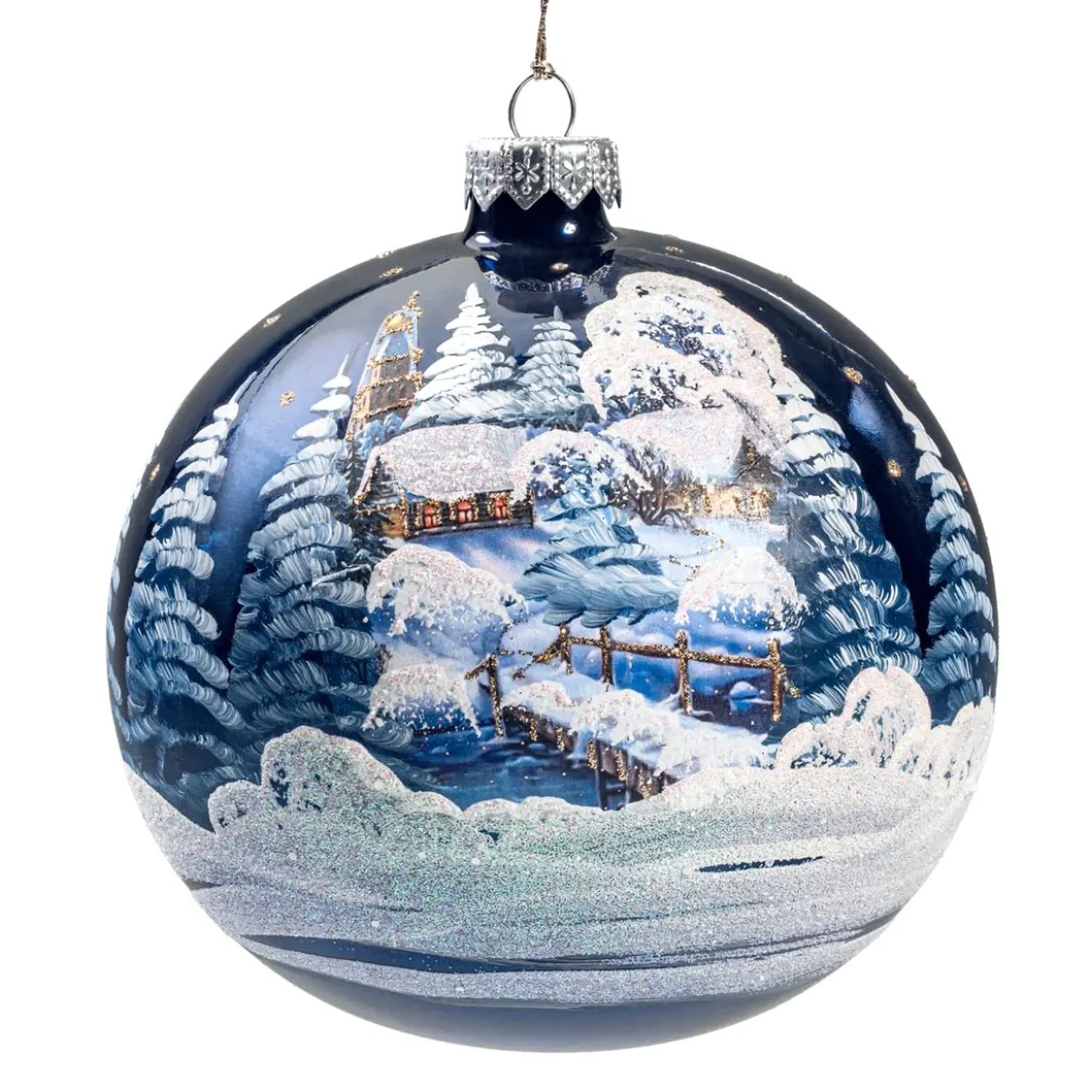 Käthe Wohlfahrt Baumkugeln Und Set-Angebote-Glaskugel Blau Kirche Im Winter, 12 Cm