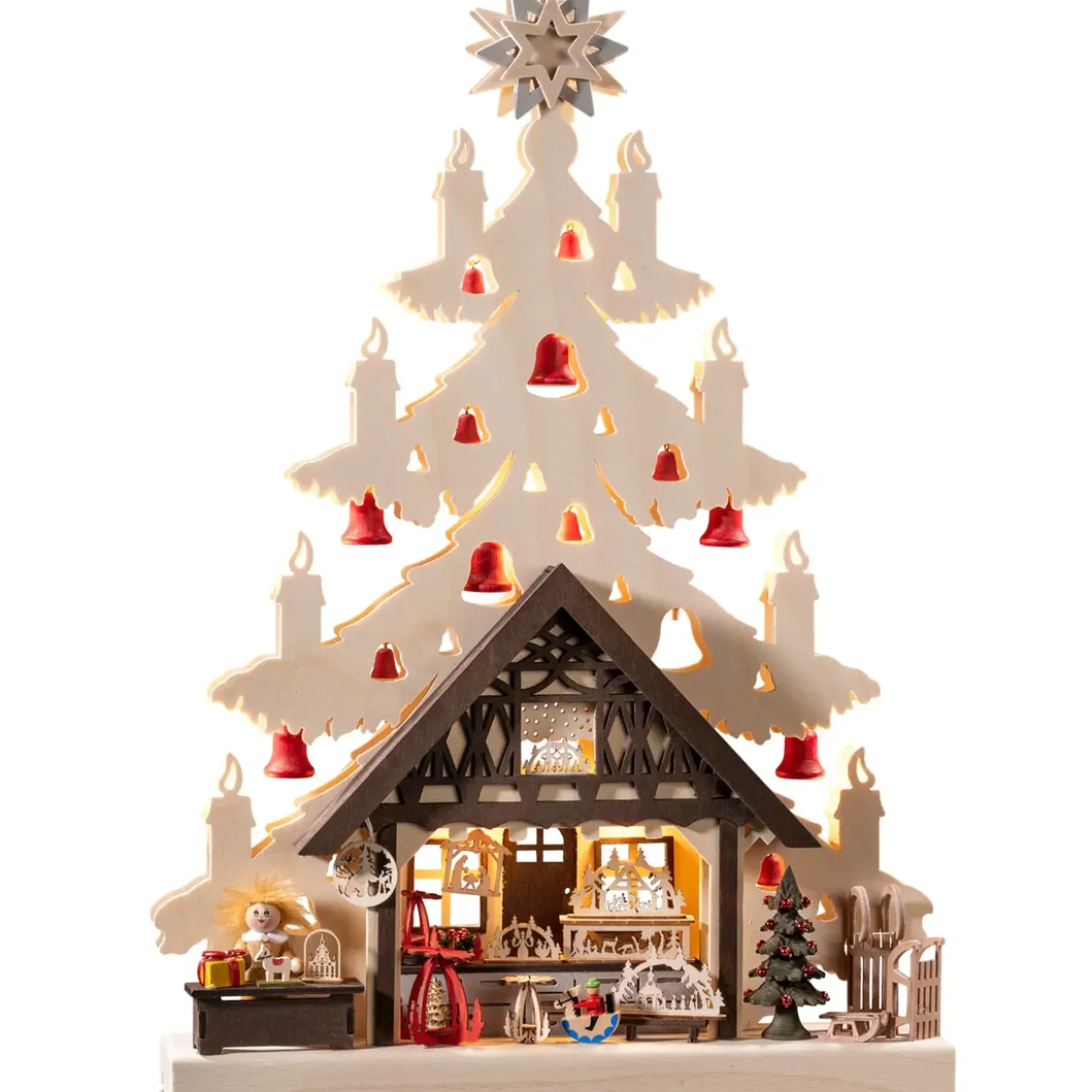RATAGS Holzdesign Schwibbögen-Schwibbögen "Tanne Mit Geschenkeladen", 115V Mit Usb A-Anschluss